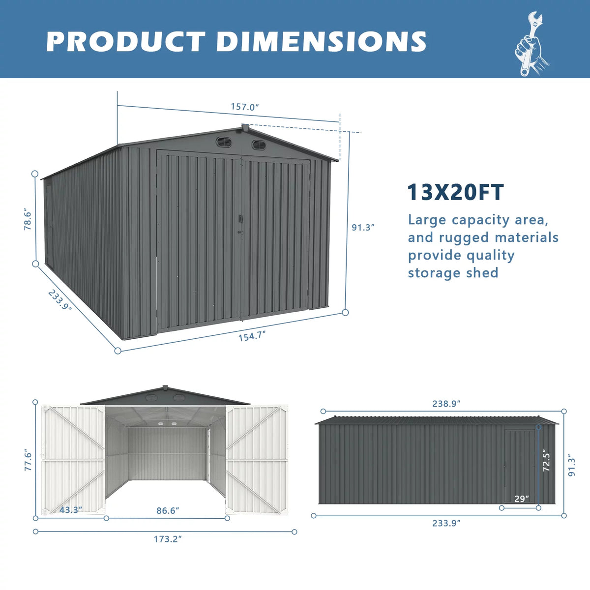 20x13 ft Metal Garage Shed with 2 Doors and 4 Vents T938151