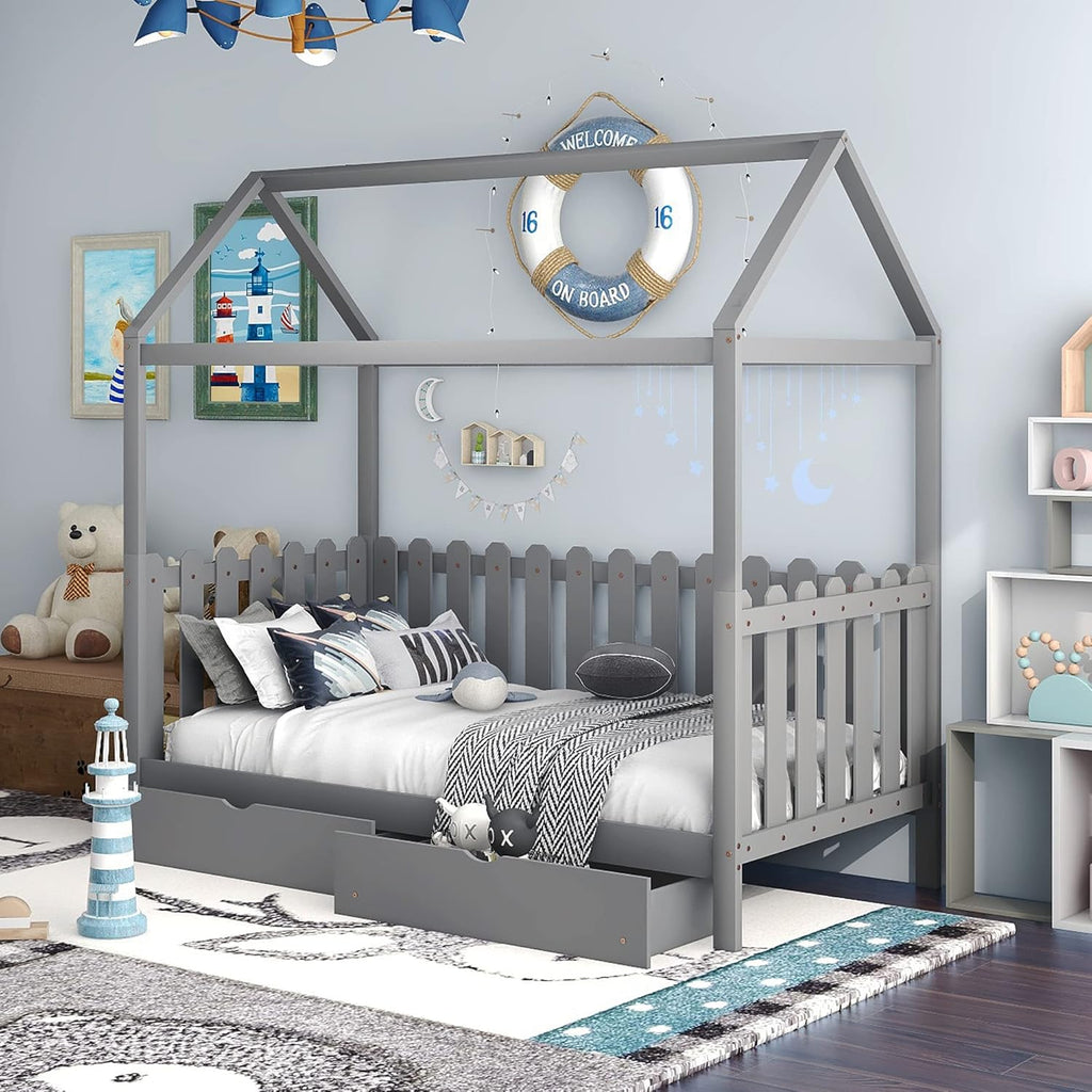White Twin House Shape Wooden Floor Bed with Trundle O243352