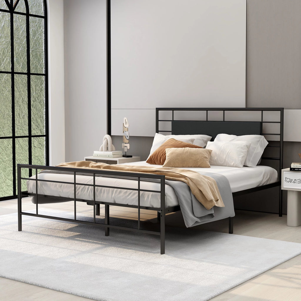 Queen Size Black Metal Platform Bed Frame with Leather Upholstered Headboard K5803