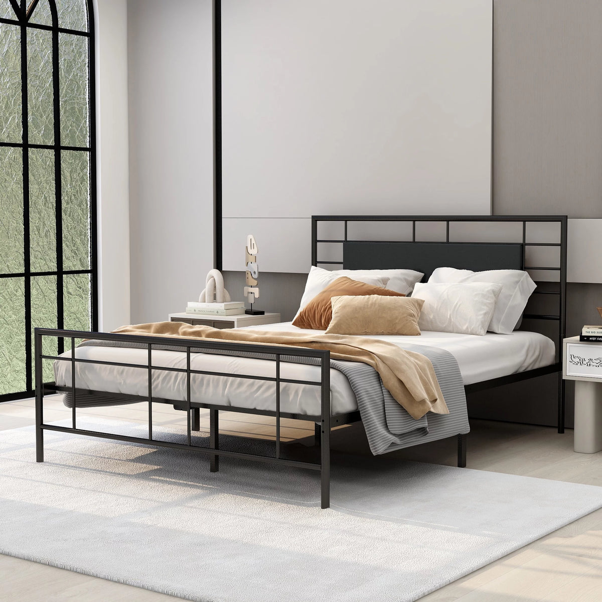 Queen Size Black Metal Platform Bed Frame with Leather Upholstered Headboard K5803
