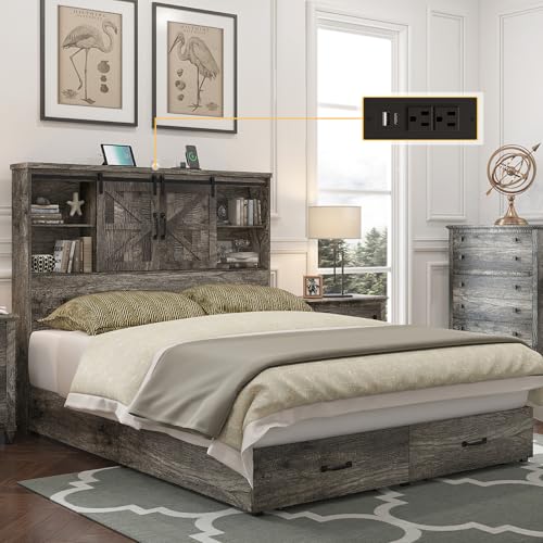 King Size Wood Platform Bed Frame with Bookcase Headboard and 2 Drawers F362