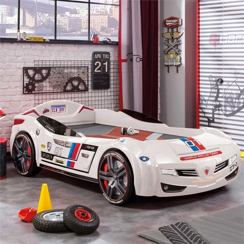 White Wood Twin Race Car Bed A436234