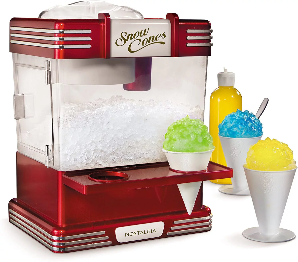 Retro Red Countertop Snow Cone Maker with 2 Reusable Plastic Cups & Ice Scoop A52400
