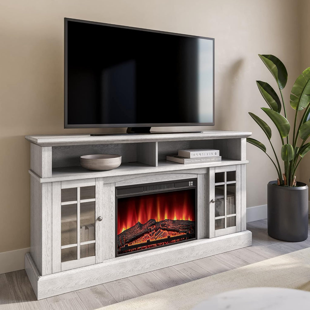 Traditional Rustic Electric Fireplace TV Stand with Open Storage Shelves & Cabinets (Light Gray) T153524