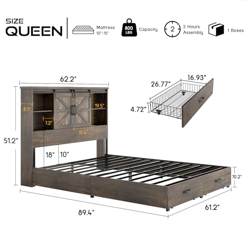 King Size Wood Platform Bed Frame with Bookcase Headboard and 2 Drawers F362