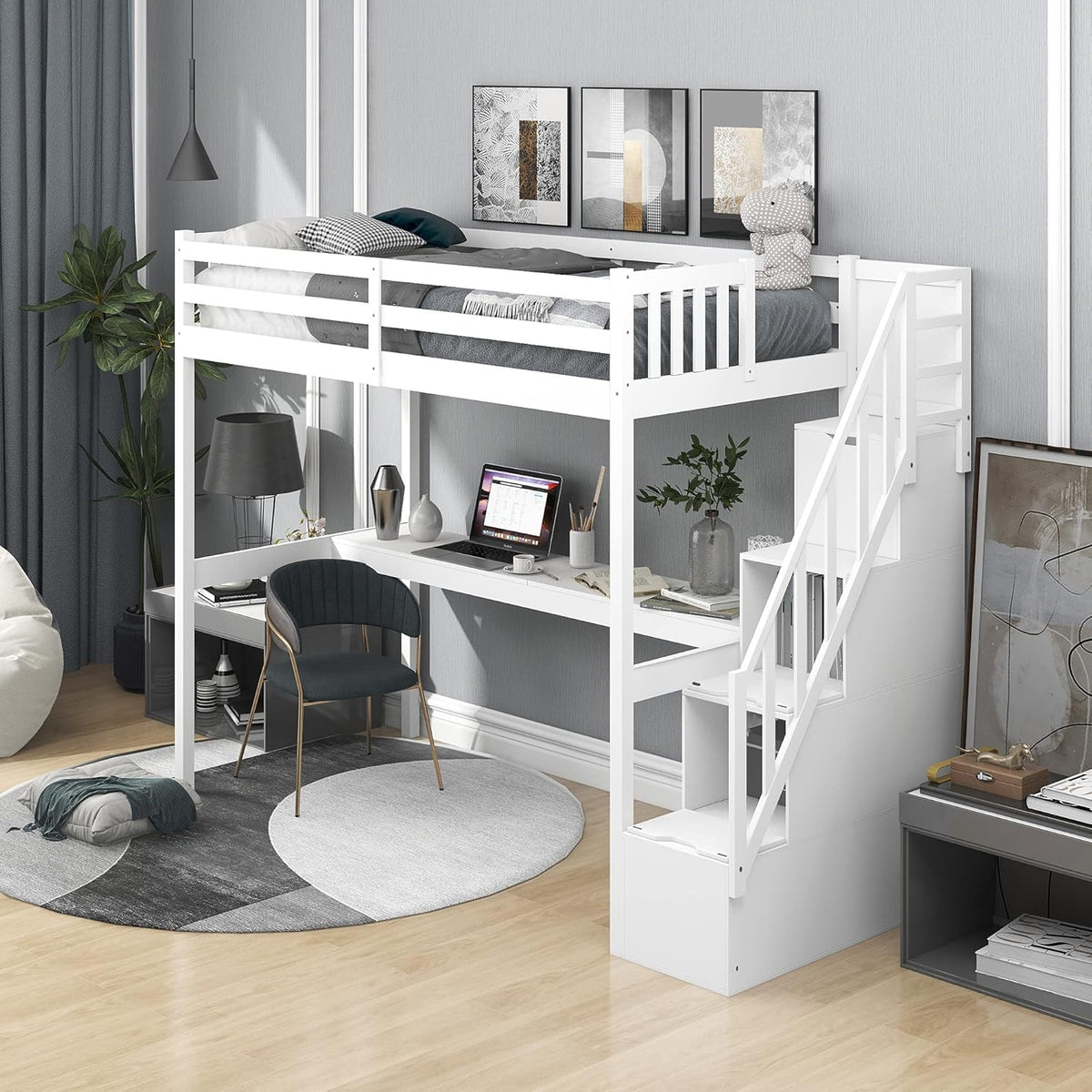 Twin Size Solid Wood Loft Bed with Desk and Storage Shelves J84524