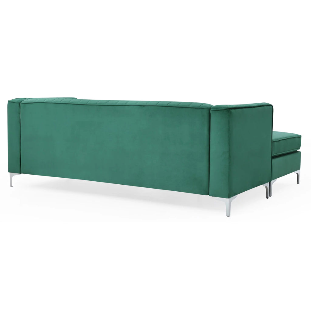 Green Velvet L-Shape 3-Seater Sectional Sofa with 2-Throw Pillow F43814