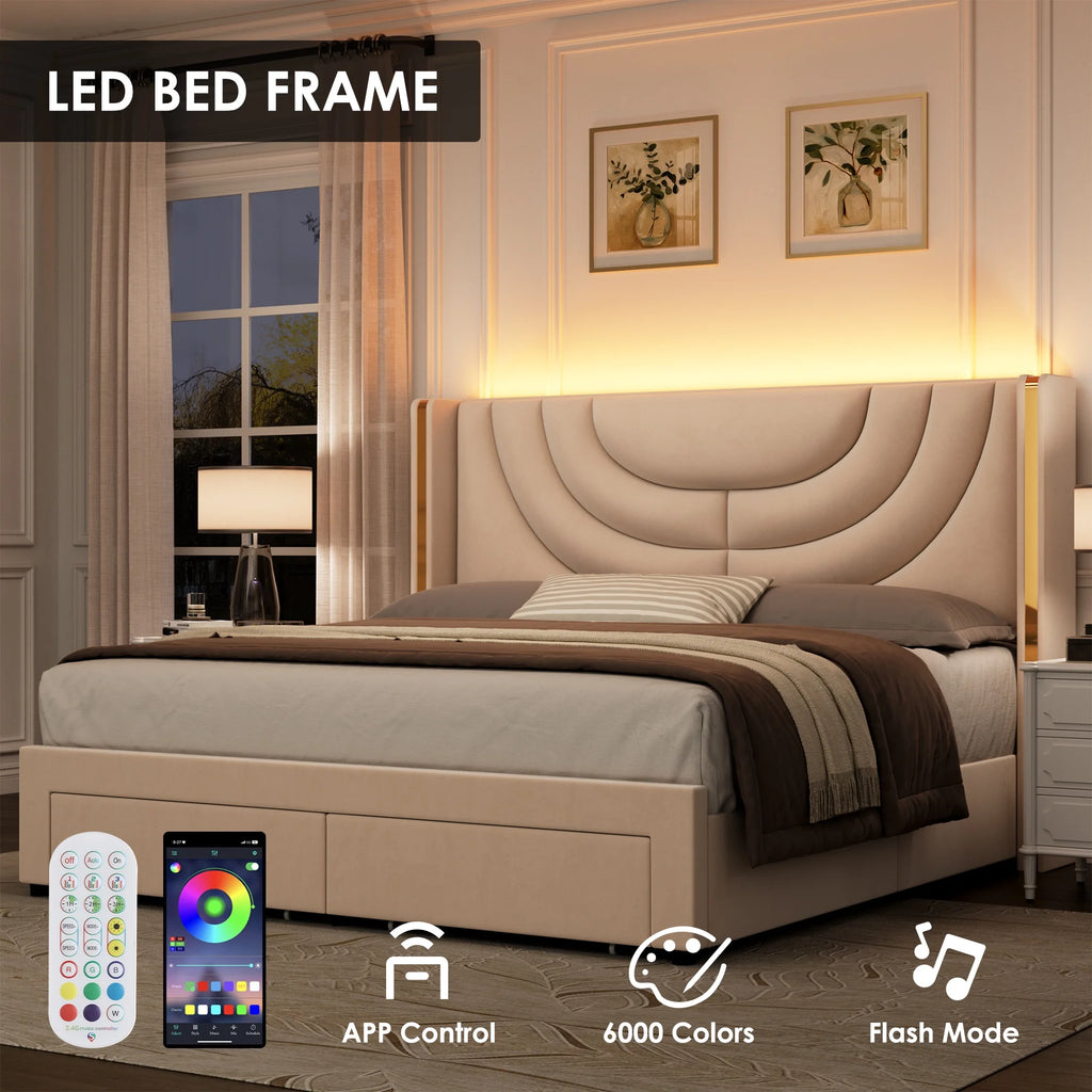 Full Size Velvet Upholstered Platform Bed Frame with 2 Drawers E30159