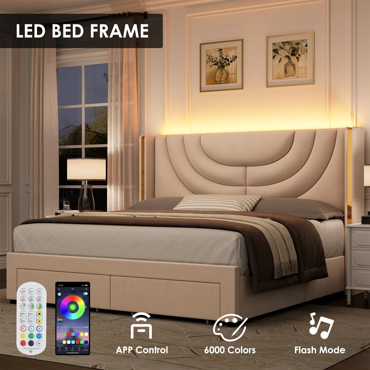 Full Size Velvet Upholstered Platform Bed Frame with 2 Drawers E30159