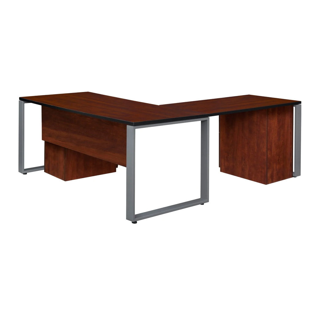 66 x 30 in. Double Laminate Pedestal L-Desk with Return, Cherry & Black I1390