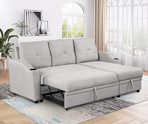 80.3" Linen Fabric 3 Seater Sofa Bed with Storage Chaise B9877