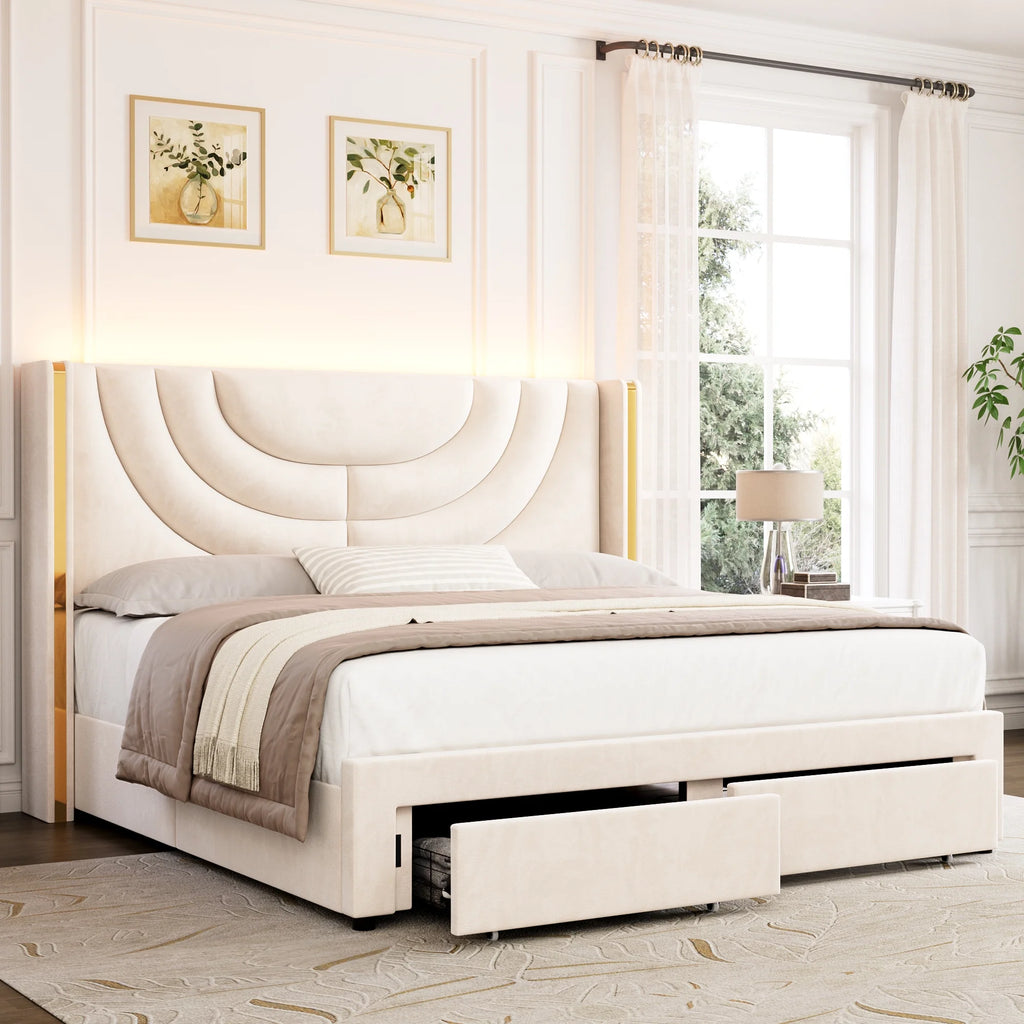 Full Size Velvet Upholstered Platform Bed Frame with 2 Drawers E30159