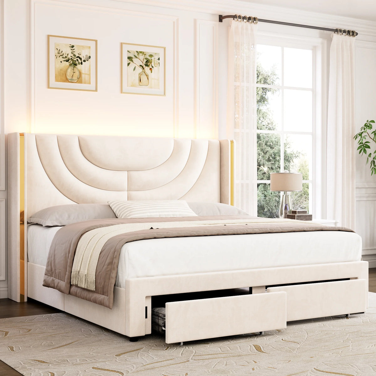 Full Size Velvet Upholstered Platform Bed Frame with 2 Drawers E30159