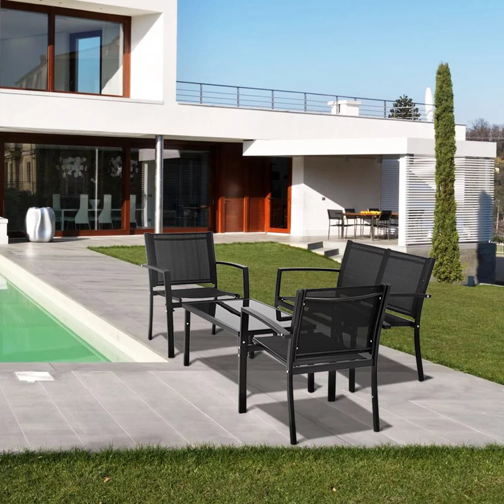 4 Piece Patio Conversation Set with Tempered Glass Tabletop Black O3164