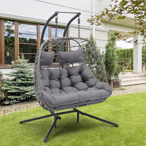Double Egg Swing Chair with Stand, Hand Made Rattan Wicker, Metal Frame D7907