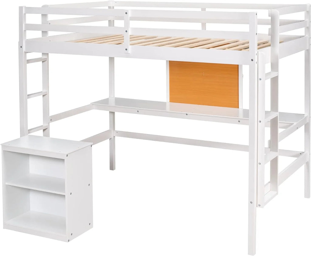 White Full Size Wood Loft Bed Frame with Desk and Storage Shelves Q57059