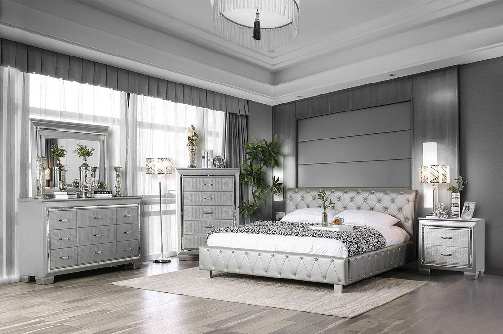 Contemporary Silver Solid Wood 5pcs Bedroom Set O6467
