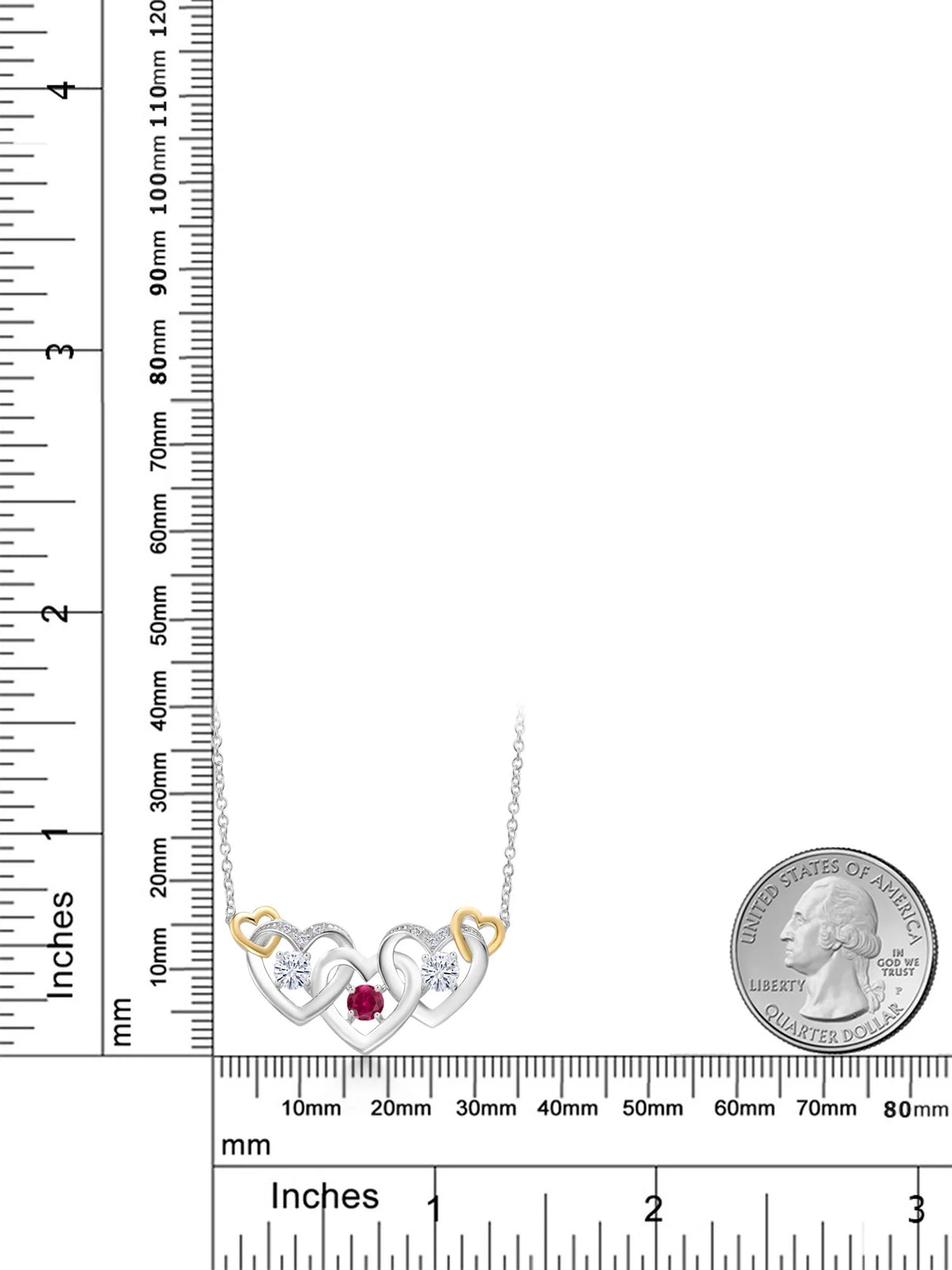 925 Silver and 10K Yellow Gold Red Created Ruby White Moissanite and White Lab Grown Diamond Heart Shape Pendant Necklace with 18 inch Chain J8377