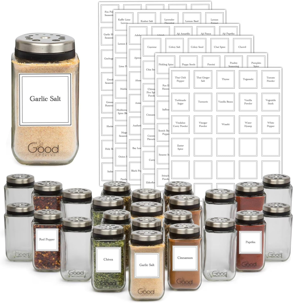 Adjustable Glass Spice Jars Set of 24 with 240 Preprinted Labels Z9128