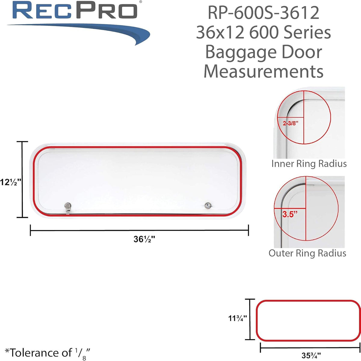 RV Baggage Door 36 Wide x 12 High with Rounded Corners I960571