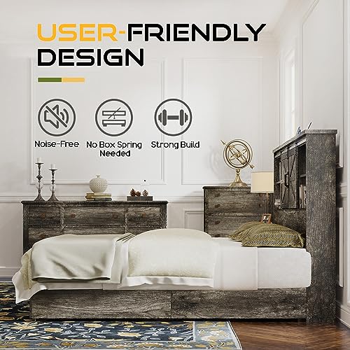 King Size Wood Platform Bed Frame with Bookcase Headboard and 2 Drawers F362