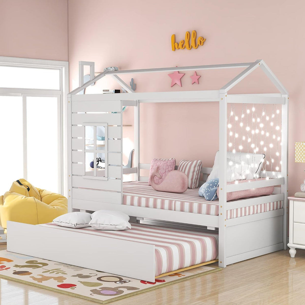 White Twin House Shape Wooden Floor Bed with Trundle O243352