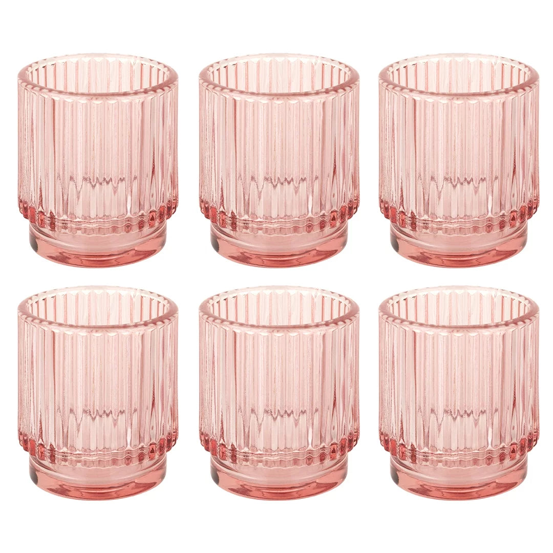 Blush Pink Ribbed Glass Votive Candle Holders, Pack of 6 Y349