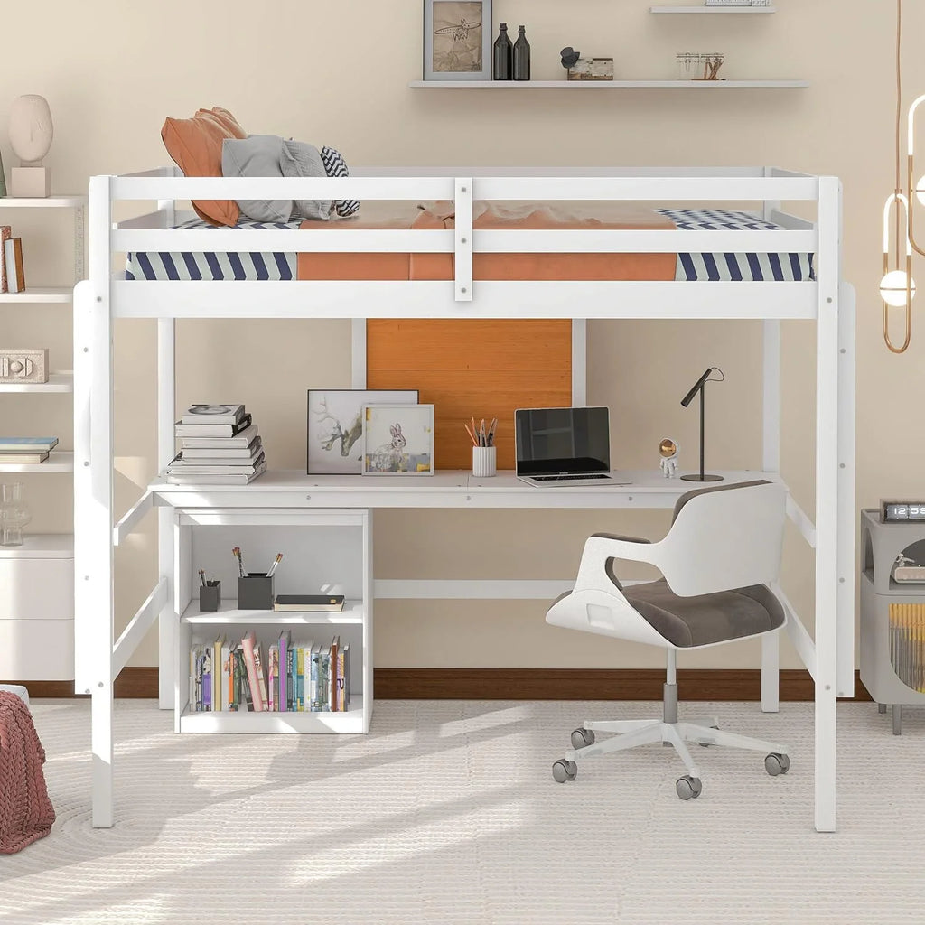 White Full Size Wood Loft Bed Frame with Desk and Storage Shelves Q57059