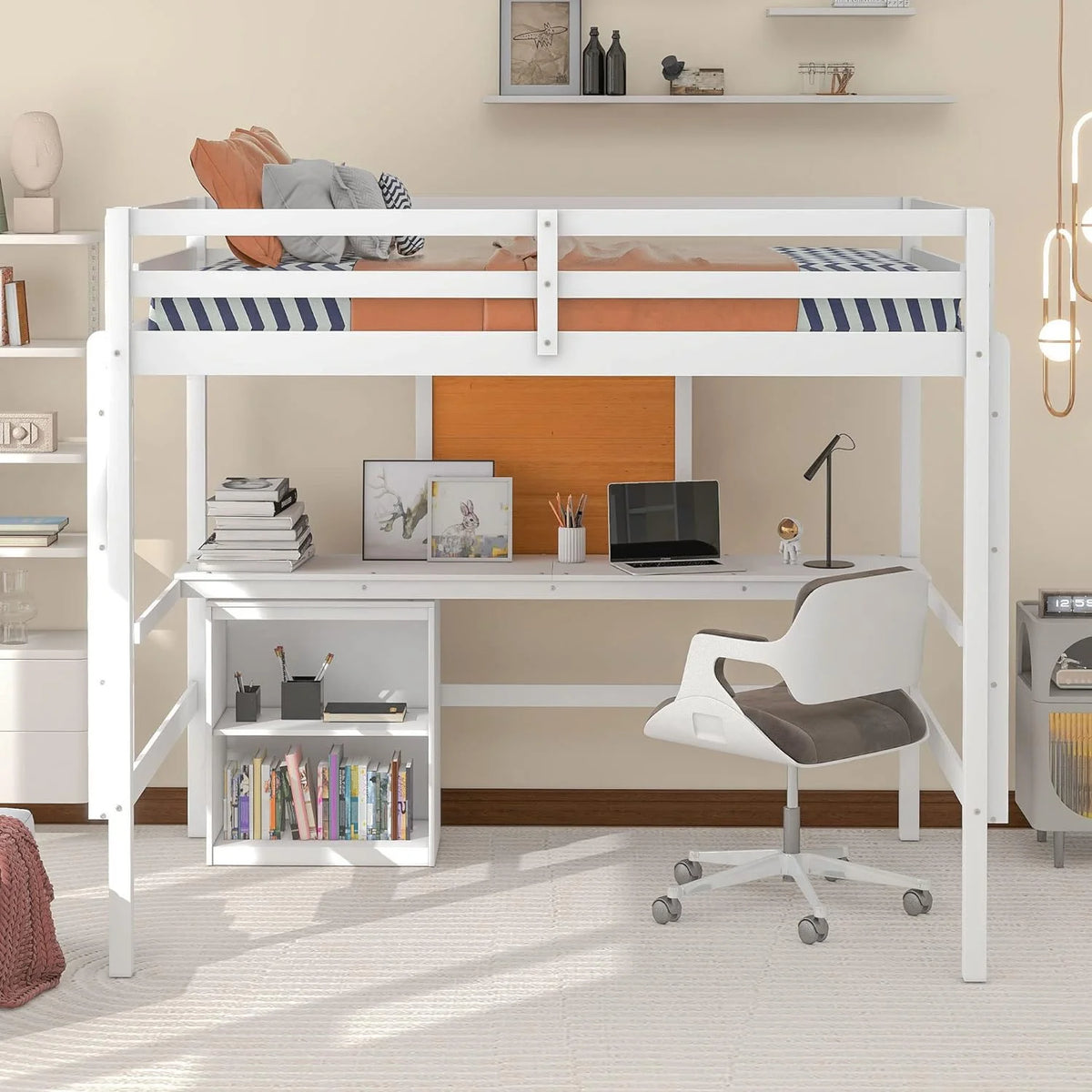 White Full Size Wood Loft Bed Frame with Desk and Storage Shelves Q57059