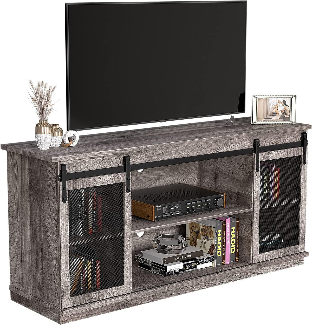 Farmhouse TV Stand with Sliding Barn Doors and Storage Cabinets (Brown) K914
