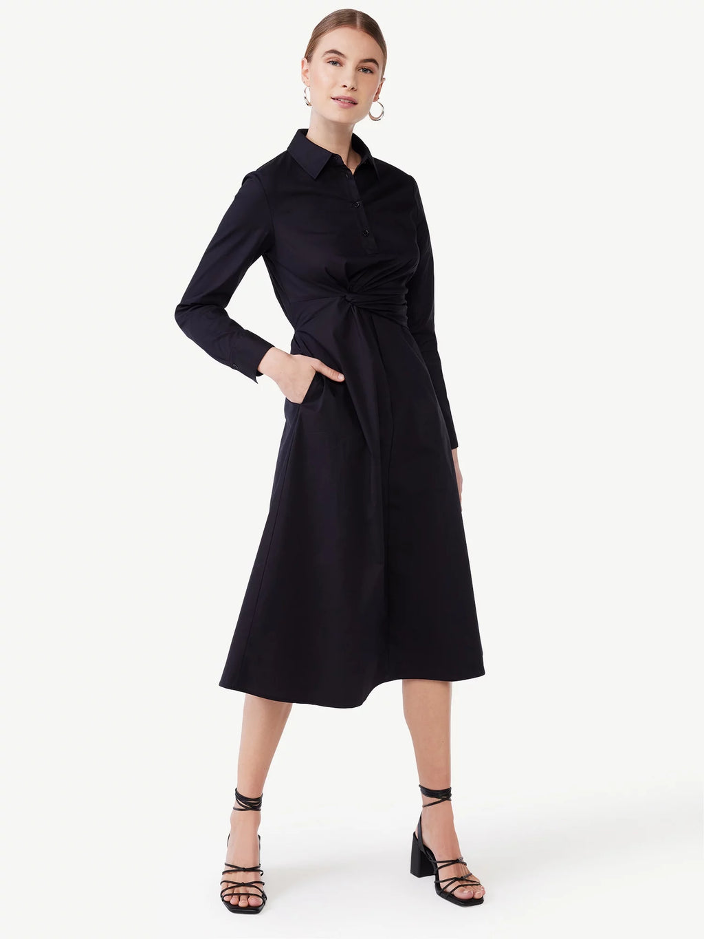Women's Poplin Midi Shirt Dress with Long Sleeves G62028