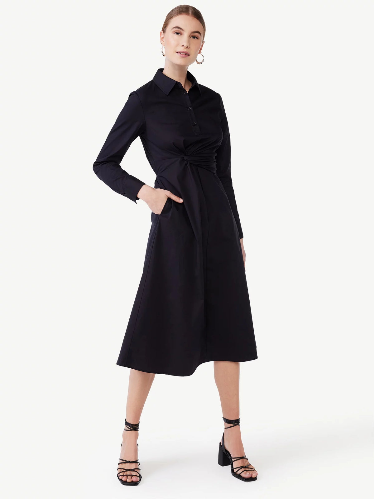 Women's Poplin Midi Shirt Dress with Long Sleeves G62028