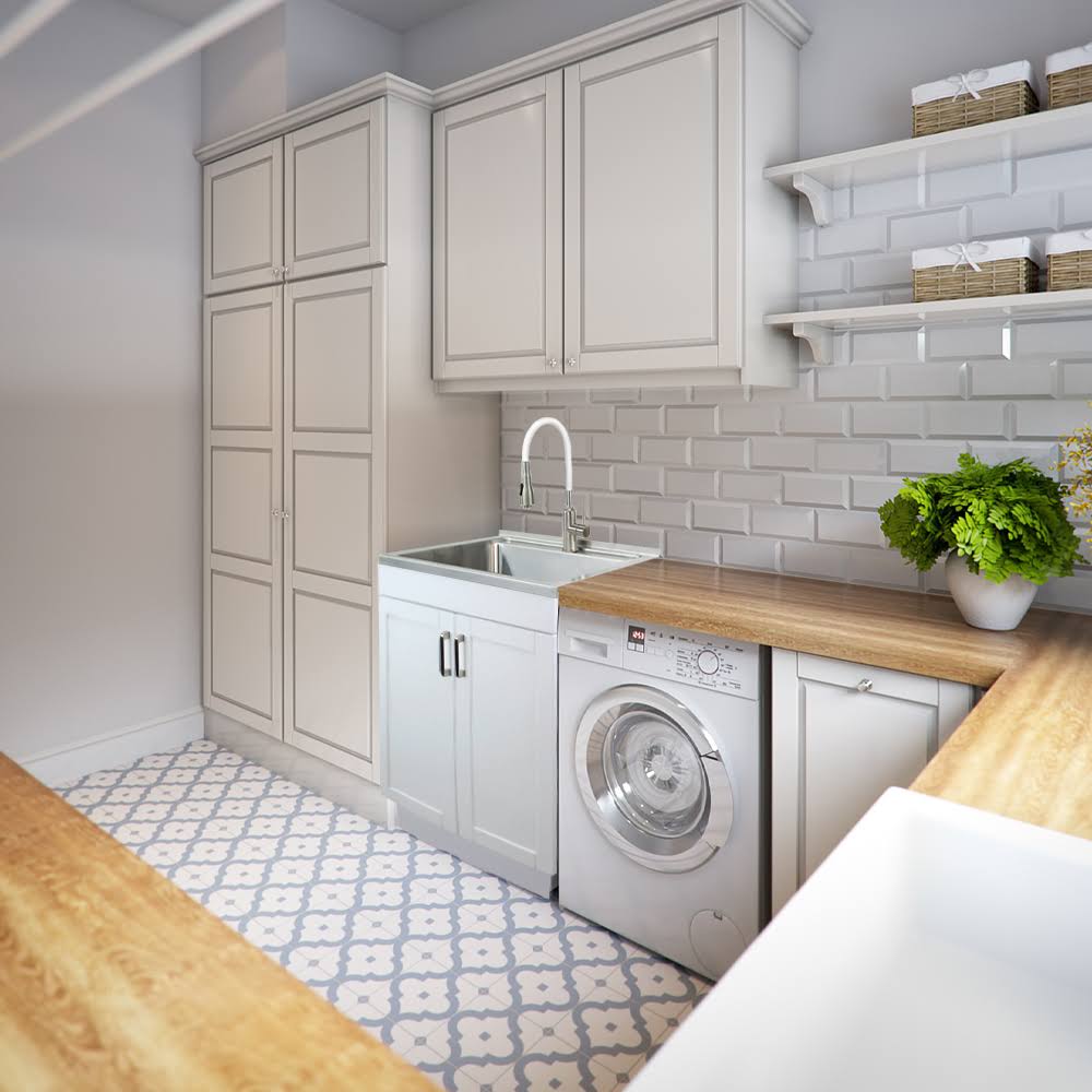 White 24-in Laundry Cabinet Sink with Stainless Steel Faucet and Basket E58064