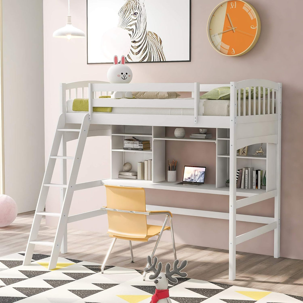Twin Size Solid Wood Loft Bed with Desk and Storage Shelves J84524