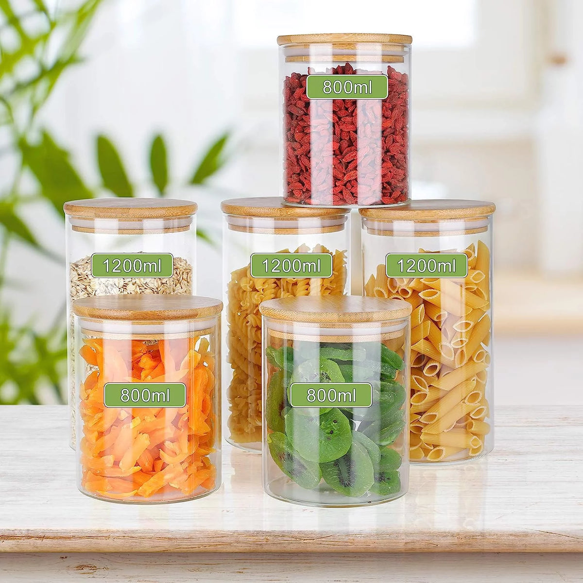 Set of 6 Airtight Borosilicate Glass Storage Jars with Bamboo Lids, 2 Sizes A592178