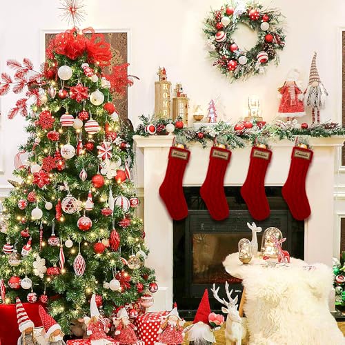 4 Pack 18 Inch Cable Knitted Christmas Stockings with Name Tags Red White O956