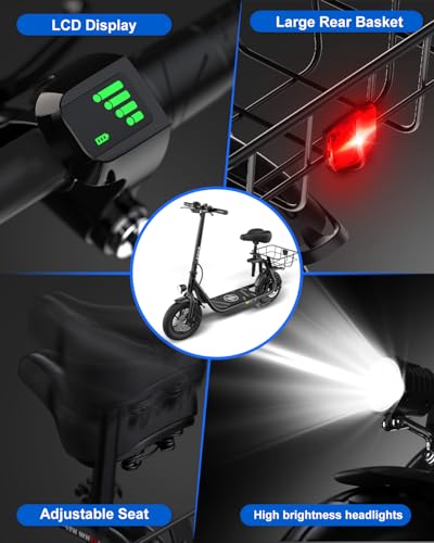 Electric Scooter with Seat, 800W Peak Motor, Foldable E-Scooter with Carry Basket P391
