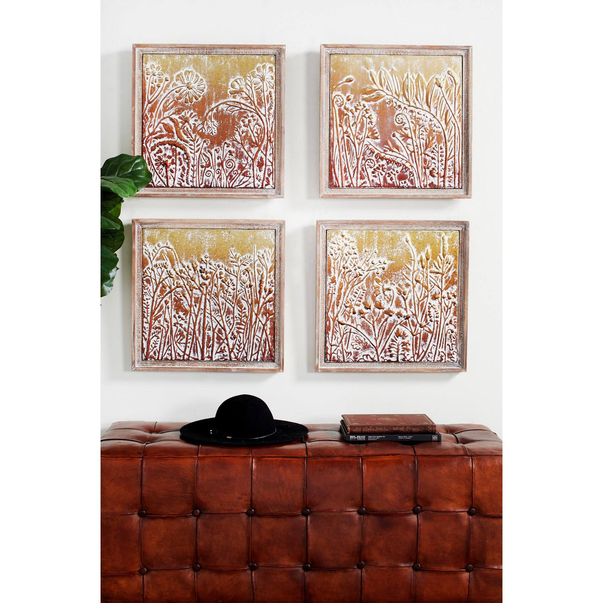 Metal Gold and Copper Embossed Botanical Floral Wall Decor Set of 4 V309832