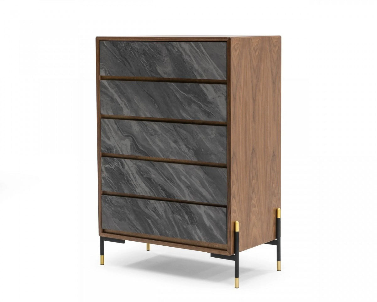 Walnut & Gray Manufactured Wood Five Drawers Chest N263