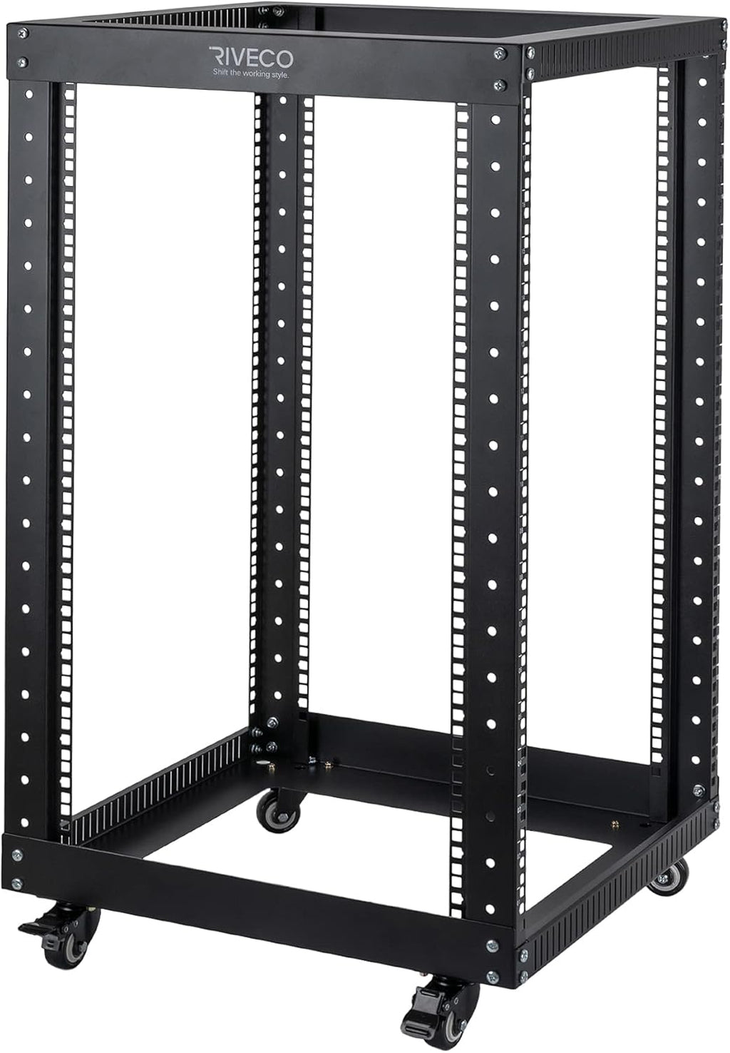 18U 4 Post Open Frame Server Rack with Brake Casters Black T4163