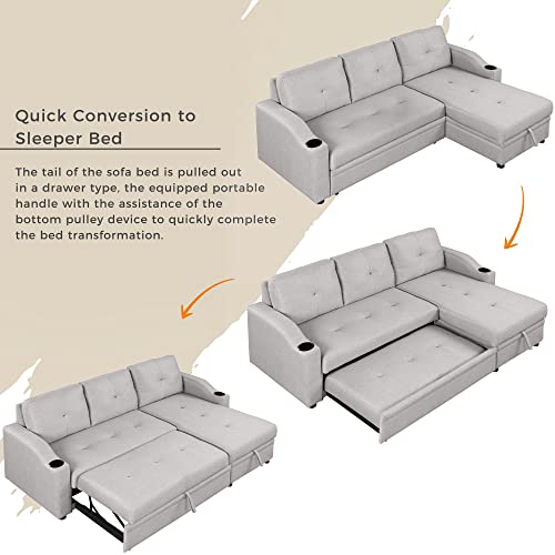 80.3" Linen Fabric 3 Seater Sofa Bed with Storage Chaise B9877