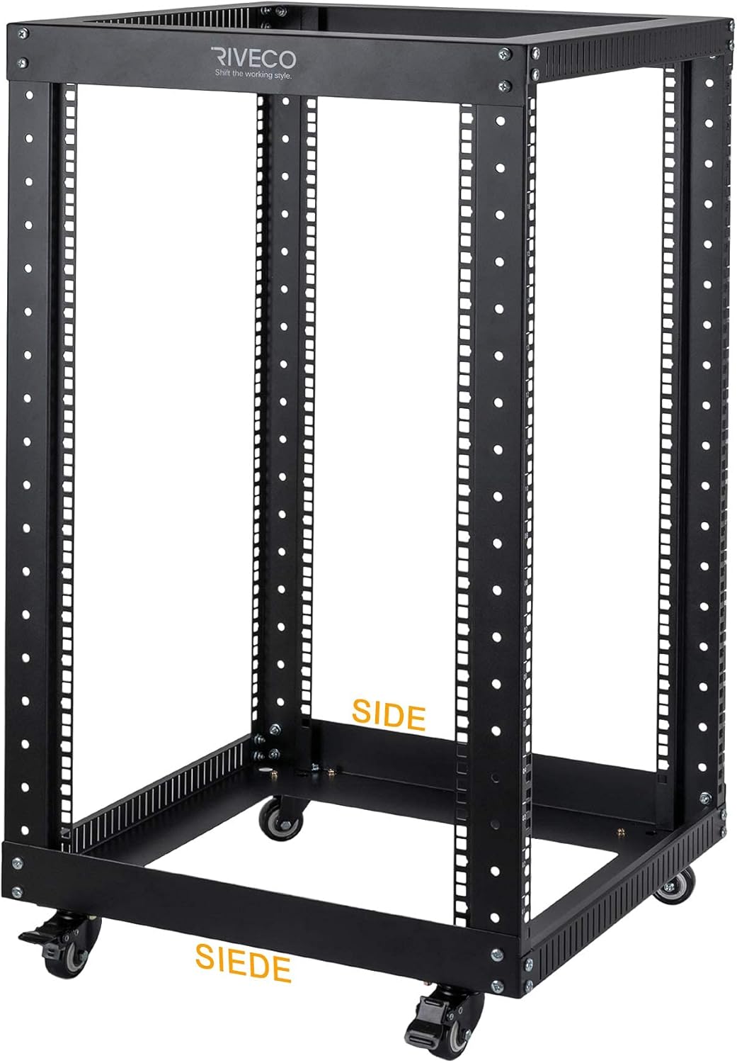 18U 4 Post Open Frame Server Rack with Brake Casters Black T4163