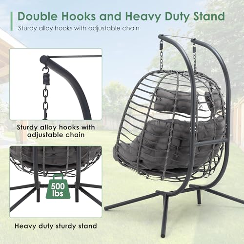 Double Egg Swing Chair with Stand, Hand Made Rattan Wicker, Metal Frame D7907