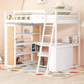 White Full Size Loft Bed with Ladder Shelves and Desk U99827