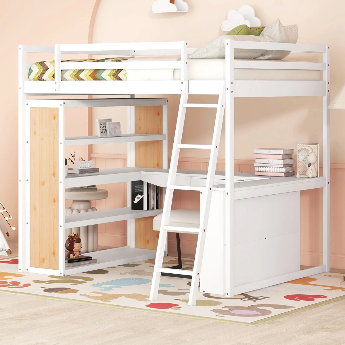 White Full Size Loft Bed with Ladder Shelves and Desk U99827