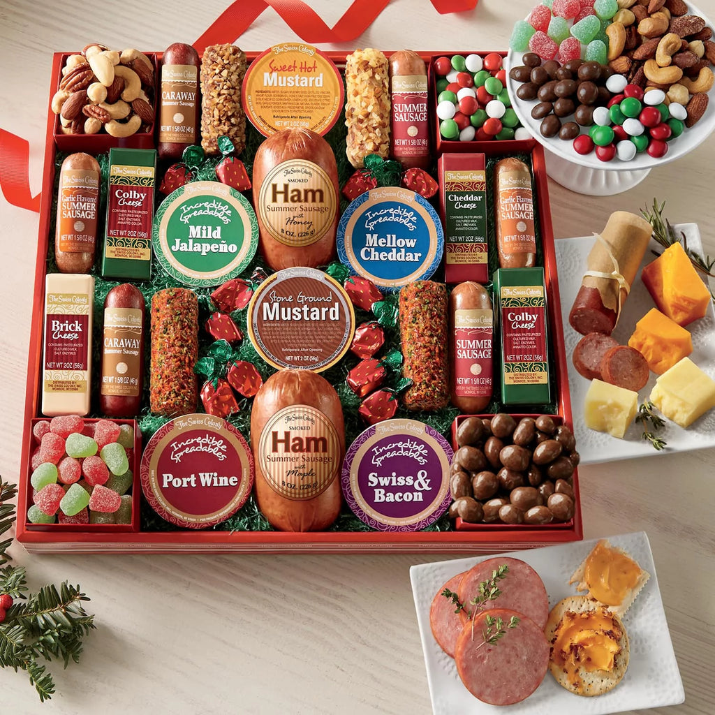 Assorted Holiday Treats with Ham Summer Sausages, Chocolates, Cheese Bars and Logs, and Candy U921562