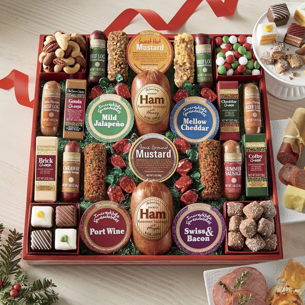Assorted Holiday Treats with Ham Summer Sausages, Chocolates, Cheese Bars and Logs, and Candy U921562