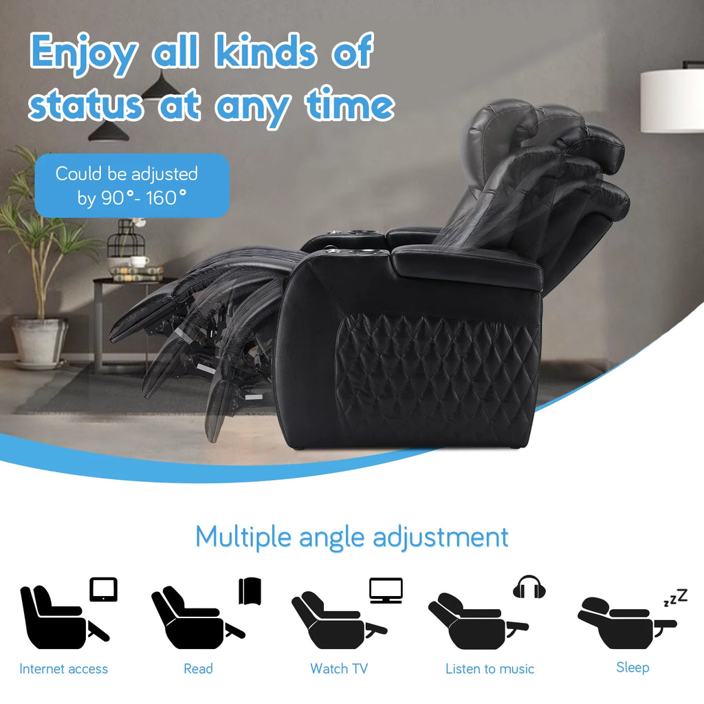Top Grain Leather Recliner Chair Row of 3 Black S639