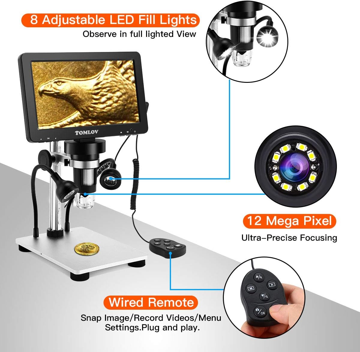 7" LCD Digital Microscope 1200X 1080P 12MP with Metal Stand L76079