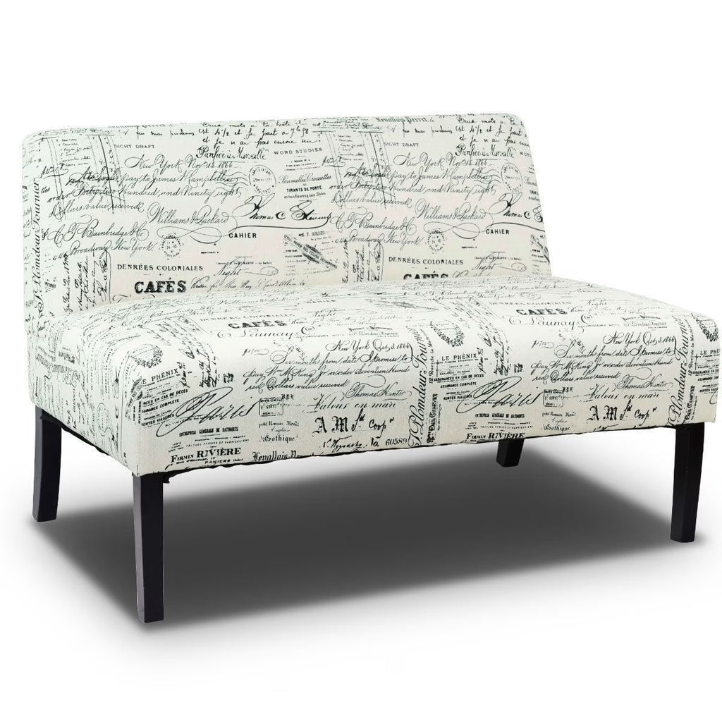 Off-White Cursive Pattern Loveseat Sofa with Black Wood Legs H43377